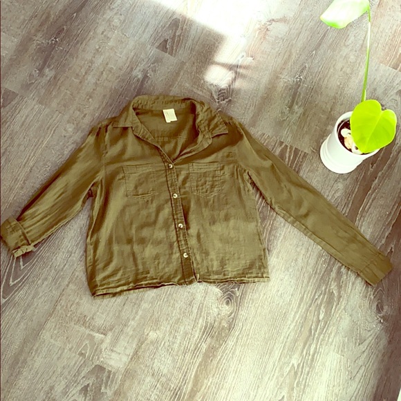 Cropped Army Green Button Down Blouse - Picture 1 of 4